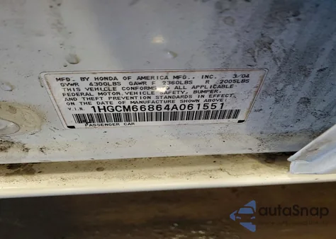 2004 Honda Accord Ex z USA, uszkodzony, nr VIN 1HGCM66864A061551